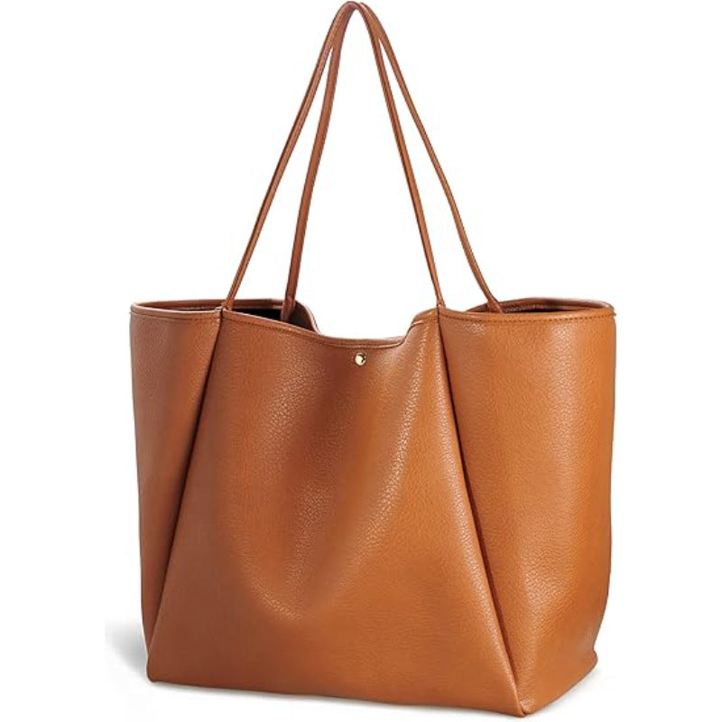 Brown Classic Oversized Tote Bag - Soft Faux Leather Shoulder Purse for Work, Travel & Everyday Use