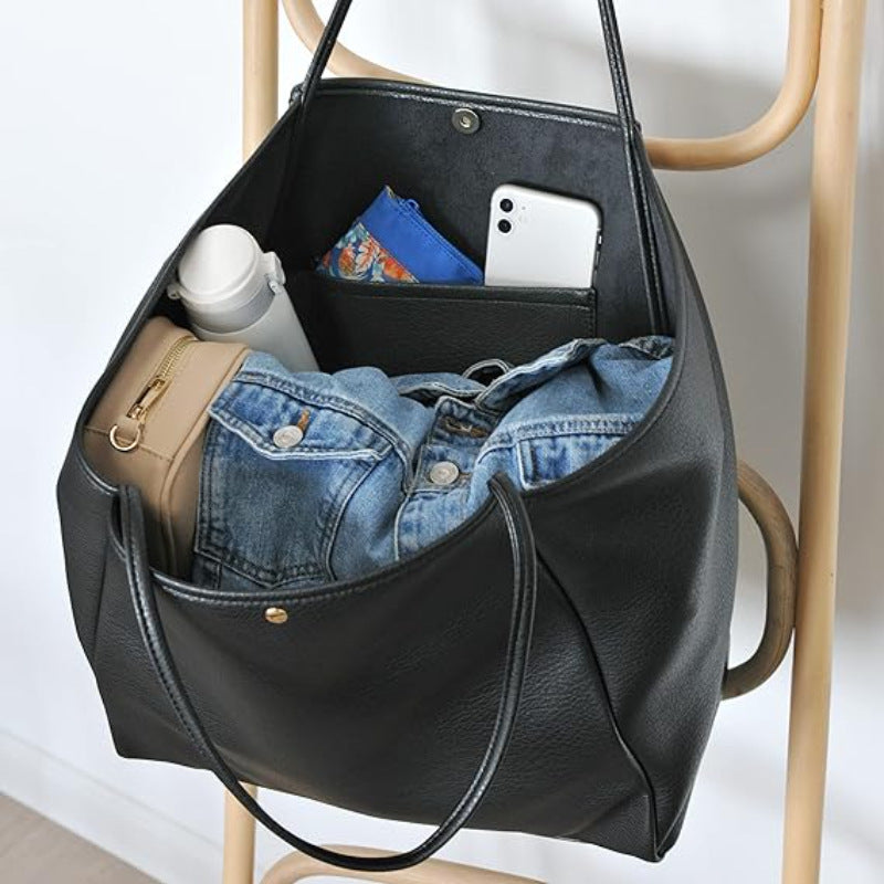 Black Classic Oversized Tote Bag - Soft Faux Leather Shoulder Purse for Work, Travel & Everyday Use