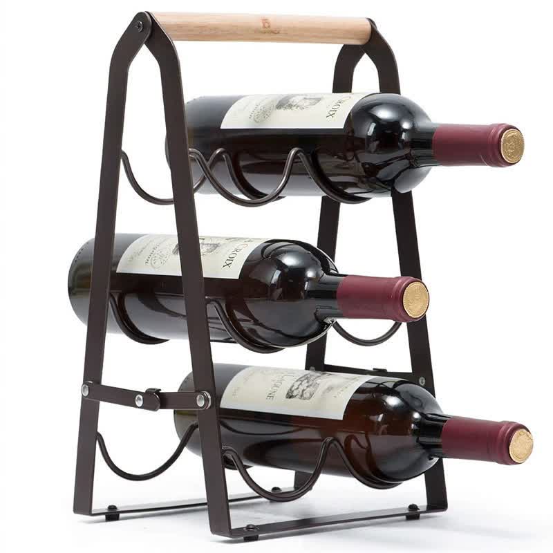 Rustic 6-Bottle Foldable Wine Rack - Metal Countertop Holder with Wooden Handle