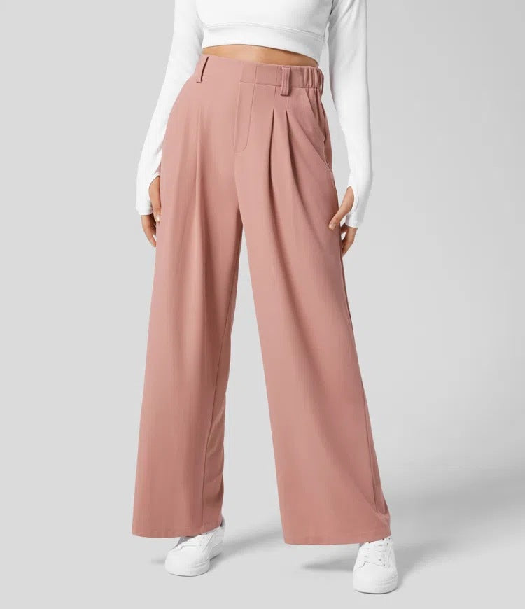 M Pink Drapey High-Waist Wide-Leg Trousers - Loose Fit Casual Long Pants for Women