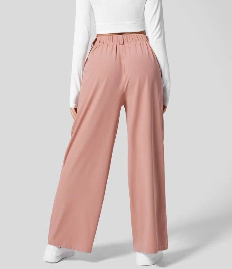 L Pink Drapey High-Waist Wide-Leg Trousers - Loose Fit Casual Long Pants for Women