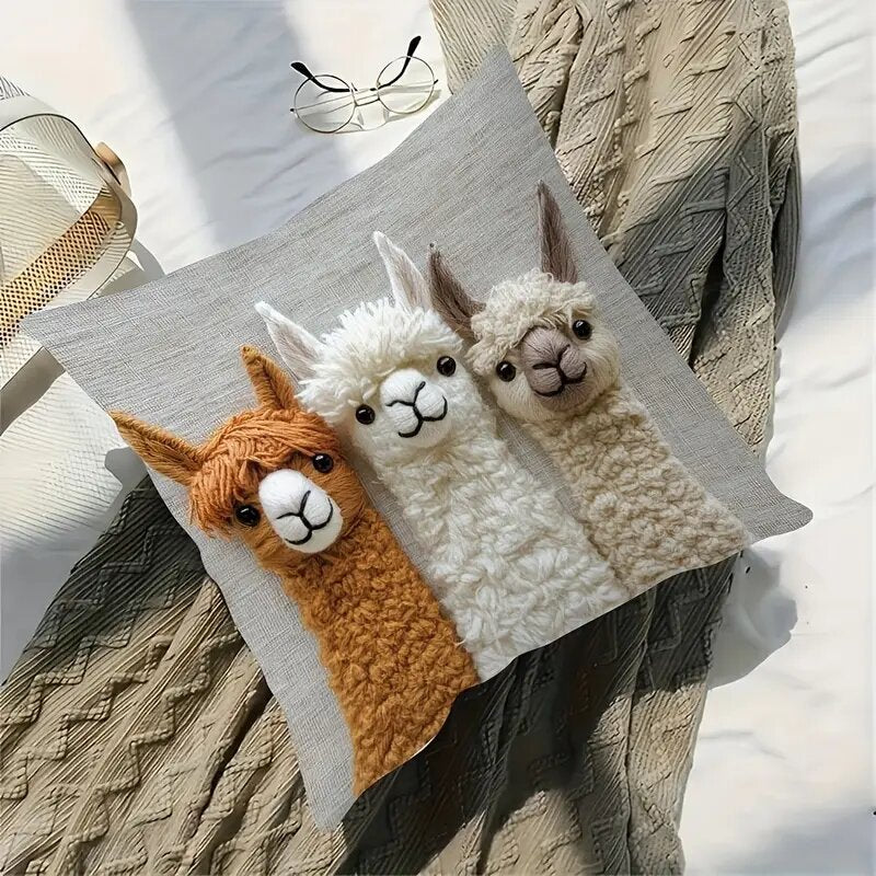 4-PCS Vintage Alpaca Friends Decorative Pillow Covers - Single-Sided Print, 45x45cm