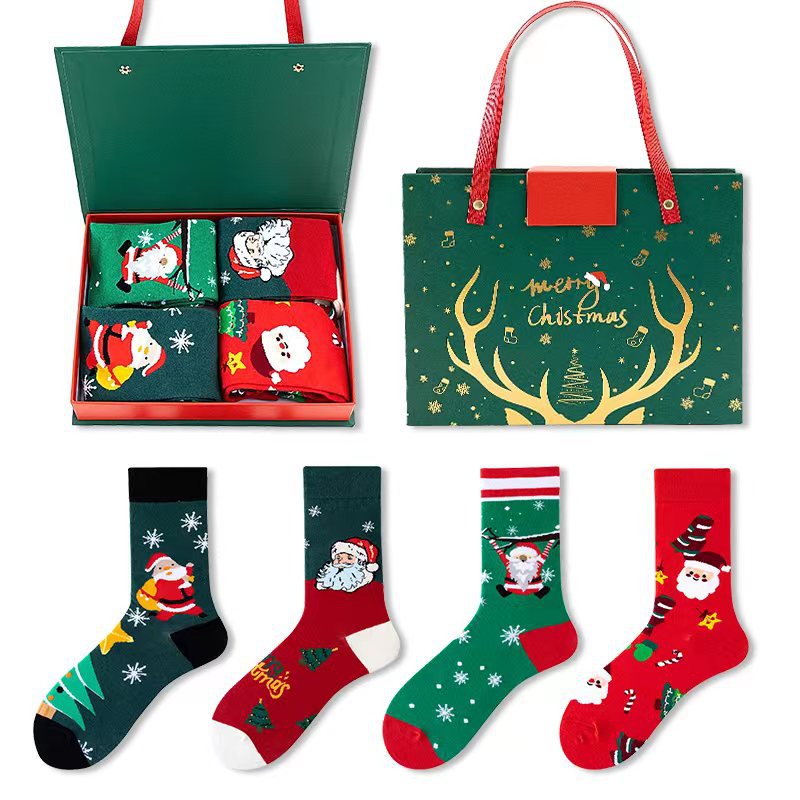 Festive 4-Pair Christmas Sock Gift Box Set - European & American Santa & Snowman Cartoon Cotton Socks