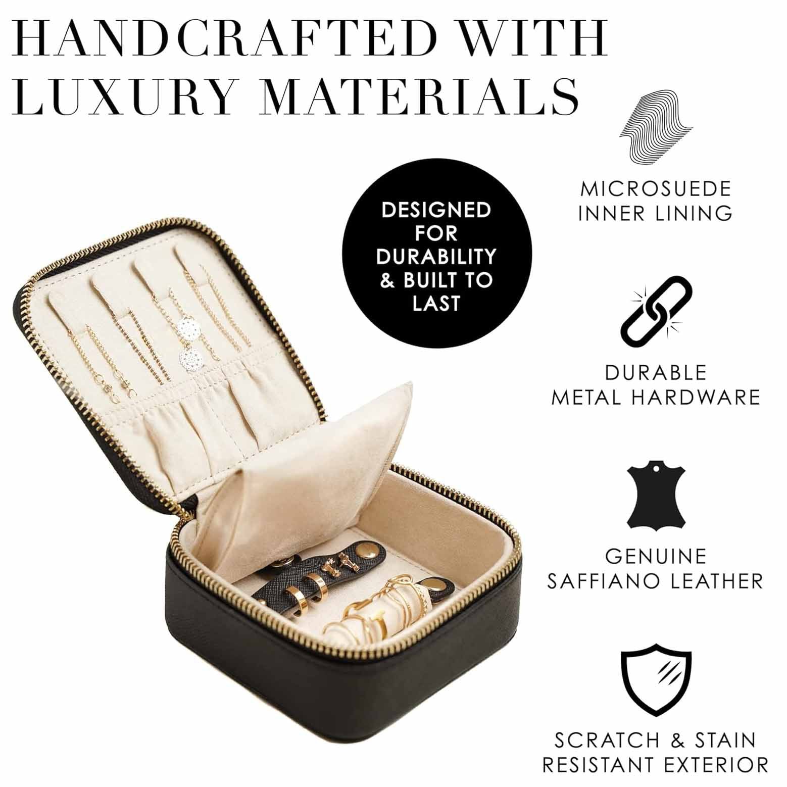 Black "Small But Mighty" Leather Jewelry Box - Portable Organizer for Earrings, Necklaces, Rings & More (4x4x2 inches)