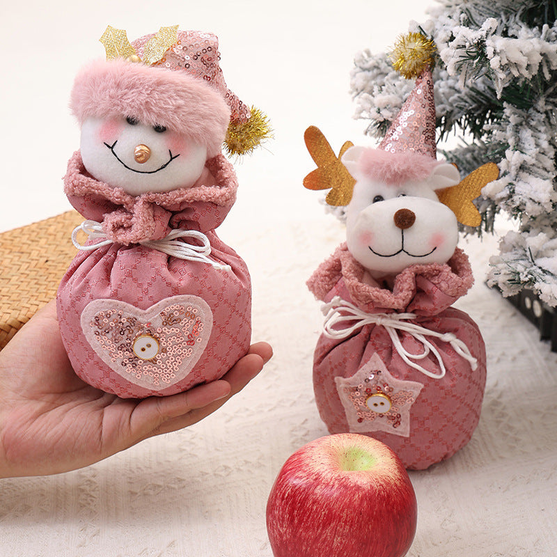 3 Pack Pink Christmas Drawstring Gift Bags Plush 3D Santa Snowman Reindeer Candy Pouches for Holiday Favours