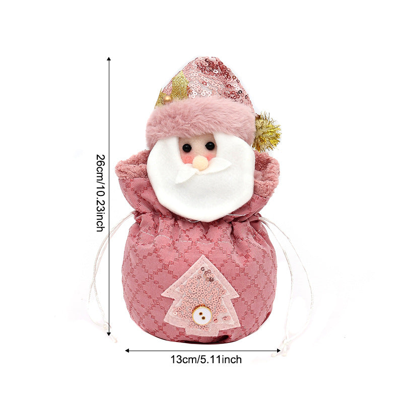 3 Pack Pink Christmas Drawstring Gift Bags Plush 3D Santa Snowman Reindeer Candy Pouches for Holiday Favours