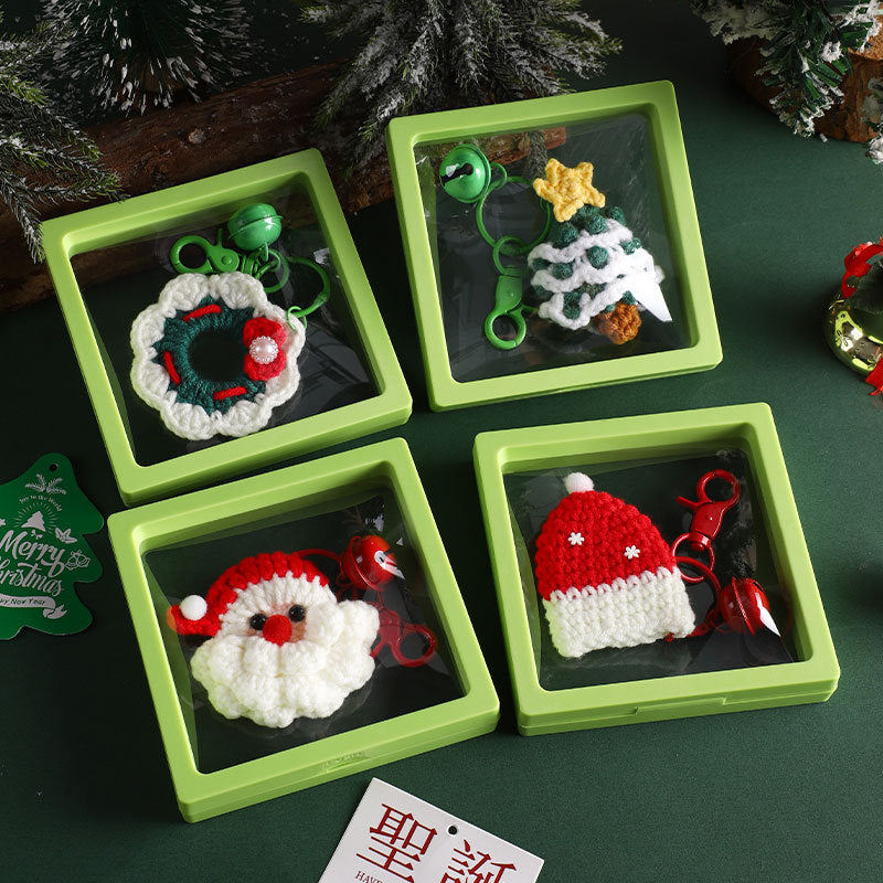 Handmade Christmas Crochet Keychain Knitted Yarn Keyring with Floating Display Case Festive Bag Charm Ideal for Kris Kringle and Stocking Stuffers