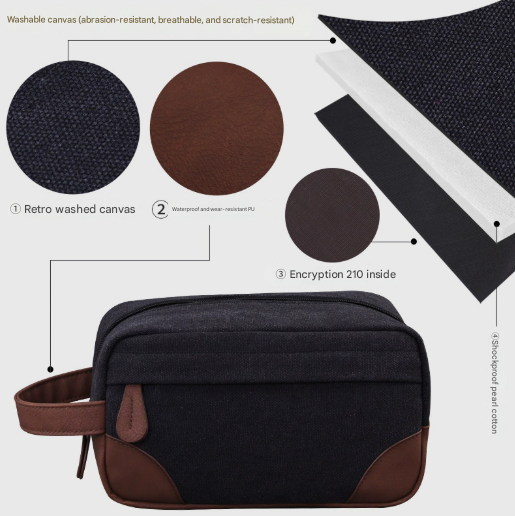 Black Men's Vintage Canvas Toiletry Bag PU Leather Accent Travel Wash Pouch Large Capacity Shaving Kit Organiser