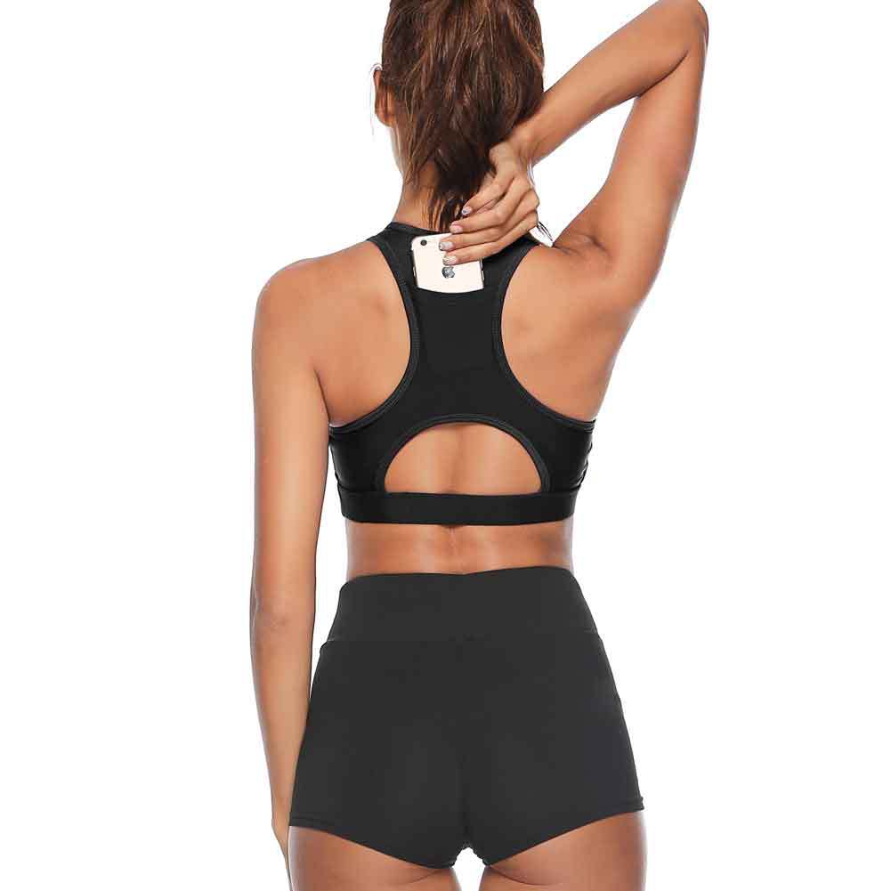 M Black Women Sports Bra with Back Phone Pocket Racerback Yoga Crop Top Medium Support Activewear for Running Gym and Fitness