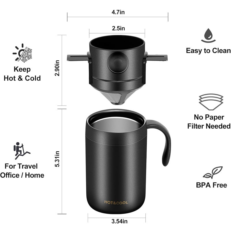 White Portable Pour Over Coffee Maker Set Stainless Steel Insulated Travel Mug with Collapsible Reusable Dripper Filter for Camping Office and Home
