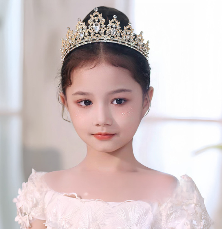 Golden-white Girls Princess Tiara Crown Crystal Rhinestone Headpiece 14cm Diameter for Birthday Party Dance Performance and Flower Girls Elegant Hair Accessory