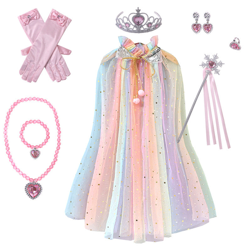 Pink Girls Rainbow Princess Costume Cape Set with Tiara Wand Gloves and Jewellery Sequin Star Tulle Cloak for Book Week and Dress Up