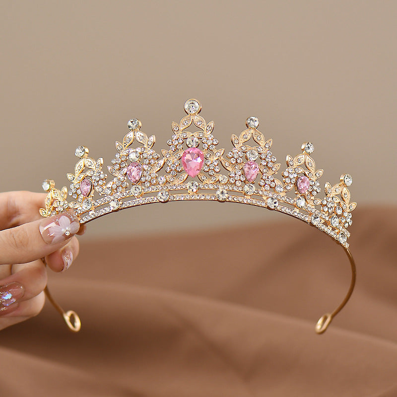 Golden-pink Girls Princess Tiara Crown Crystal Rhinestone Headpiece 14cm Diameter for Birthday Party Dance Performance and Flower Girls Elegant Hair Accessory