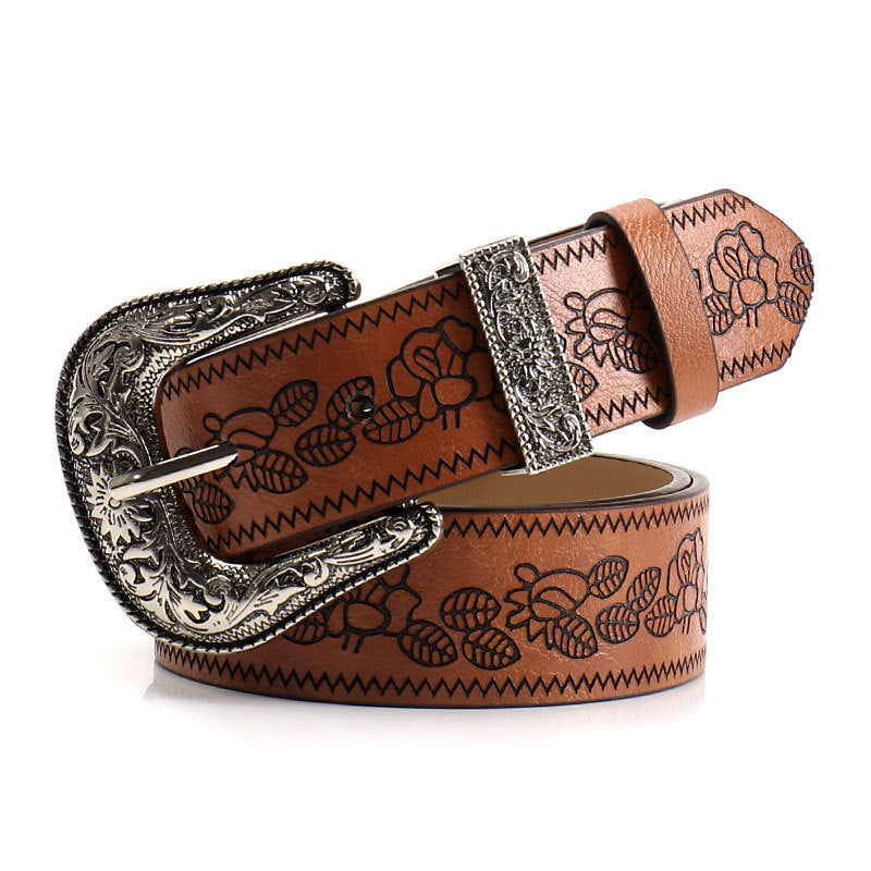 Brown Women's Western Style Embossed Belt 2 Pack Vintage PU Leather Waistband with Antique Silver Buckle for Jeans and Dresses Y2K Fashion