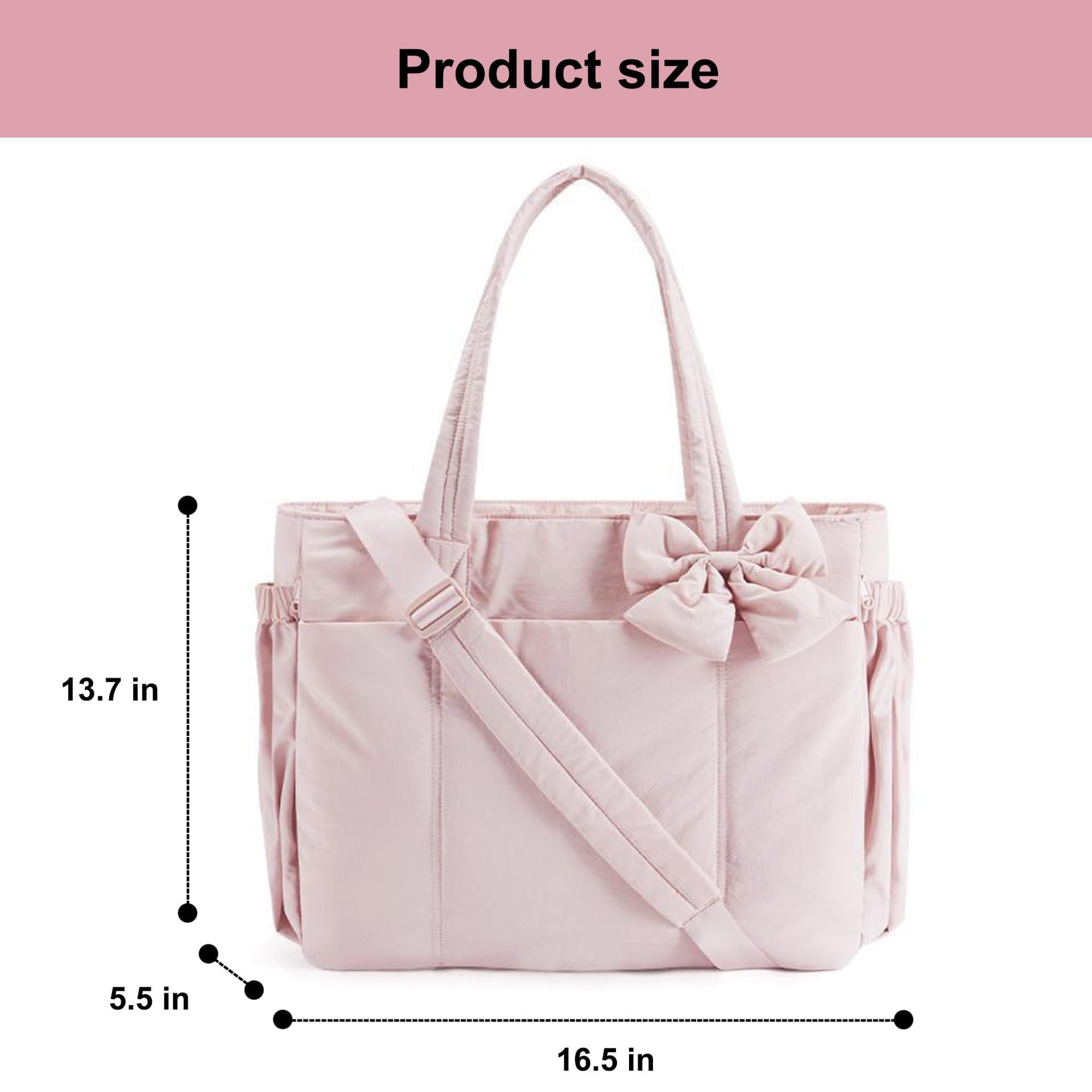 Pink Women's Quilted Puffer Tote Bag Large Capacity Lightweight Bow Handbag with Shoulder Strap 42cm for Gym Travel & Baby Care