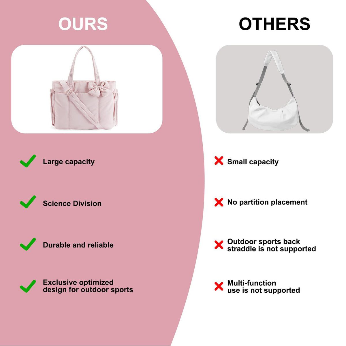 Pink Women's Quilted Puffer Tote Bag Large Capacity Lightweight Bow Handbag with Shoulder Strap 42cm for Gym Travel & Baby Care