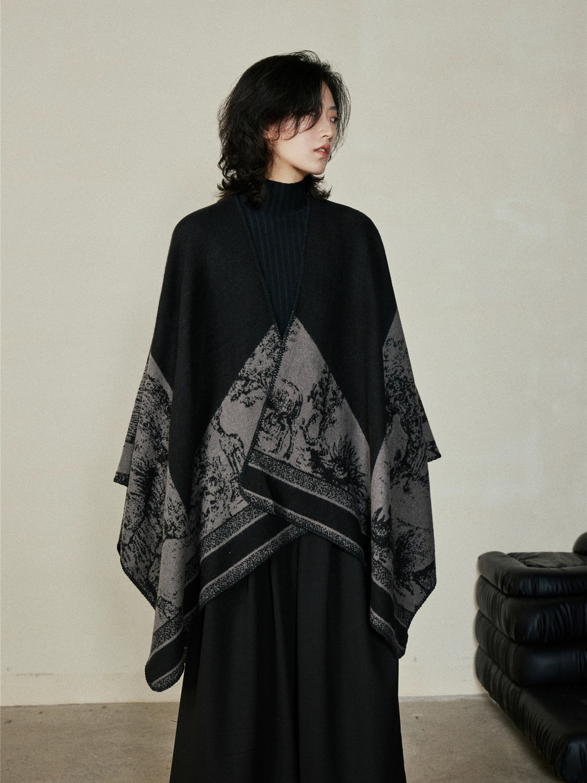 Faux Cashmere Shawl (Qingming Scroll Print) - Purple Cyan, 160*135cm