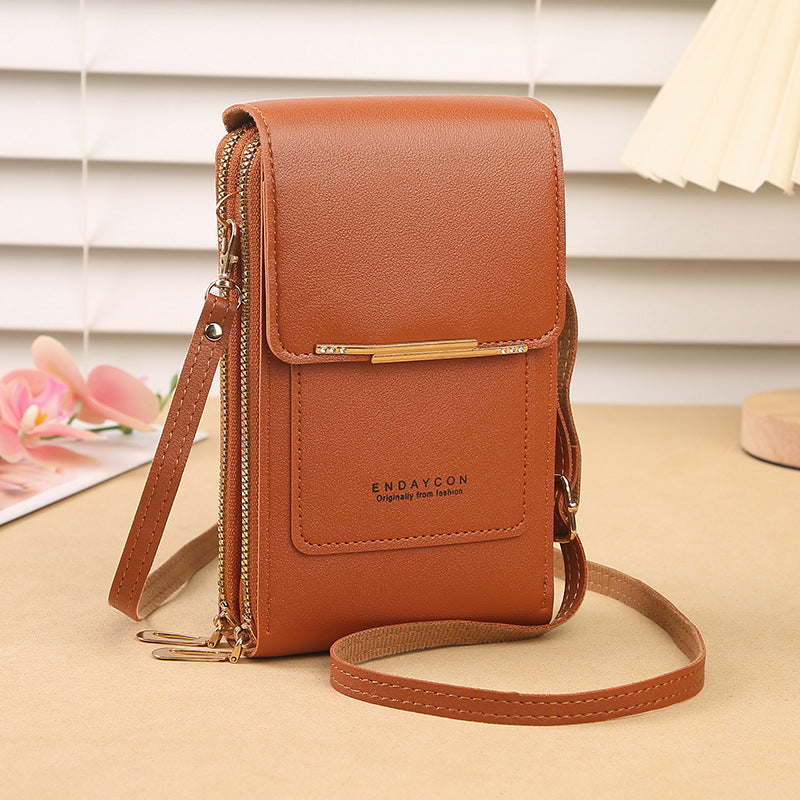 Brown Women's Cute Mini PU Leather Crossbody Phone Bag (19x12x4cm) - Touch Screen Window, Vertical Style