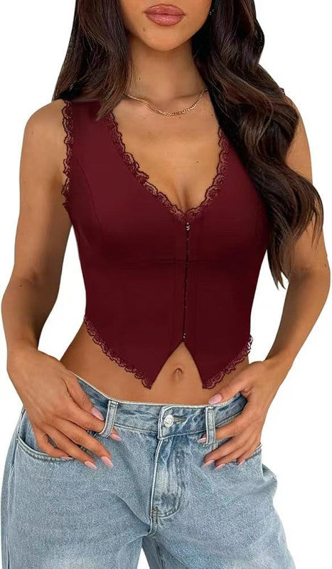 2-Pack Red French Vintage Lace Splice Camisole(S Size) - Slim Fit Halter Top with Back Detail and Button Placket