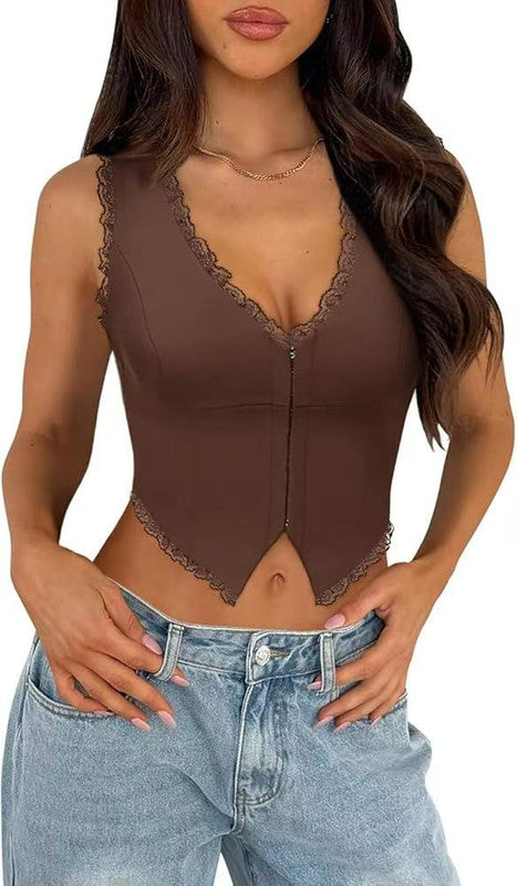 2-Pack Brown French Vintage Lace Splice Camisole(XL Size) - Slim Fit Halter Top with Back Detail and Button Placket