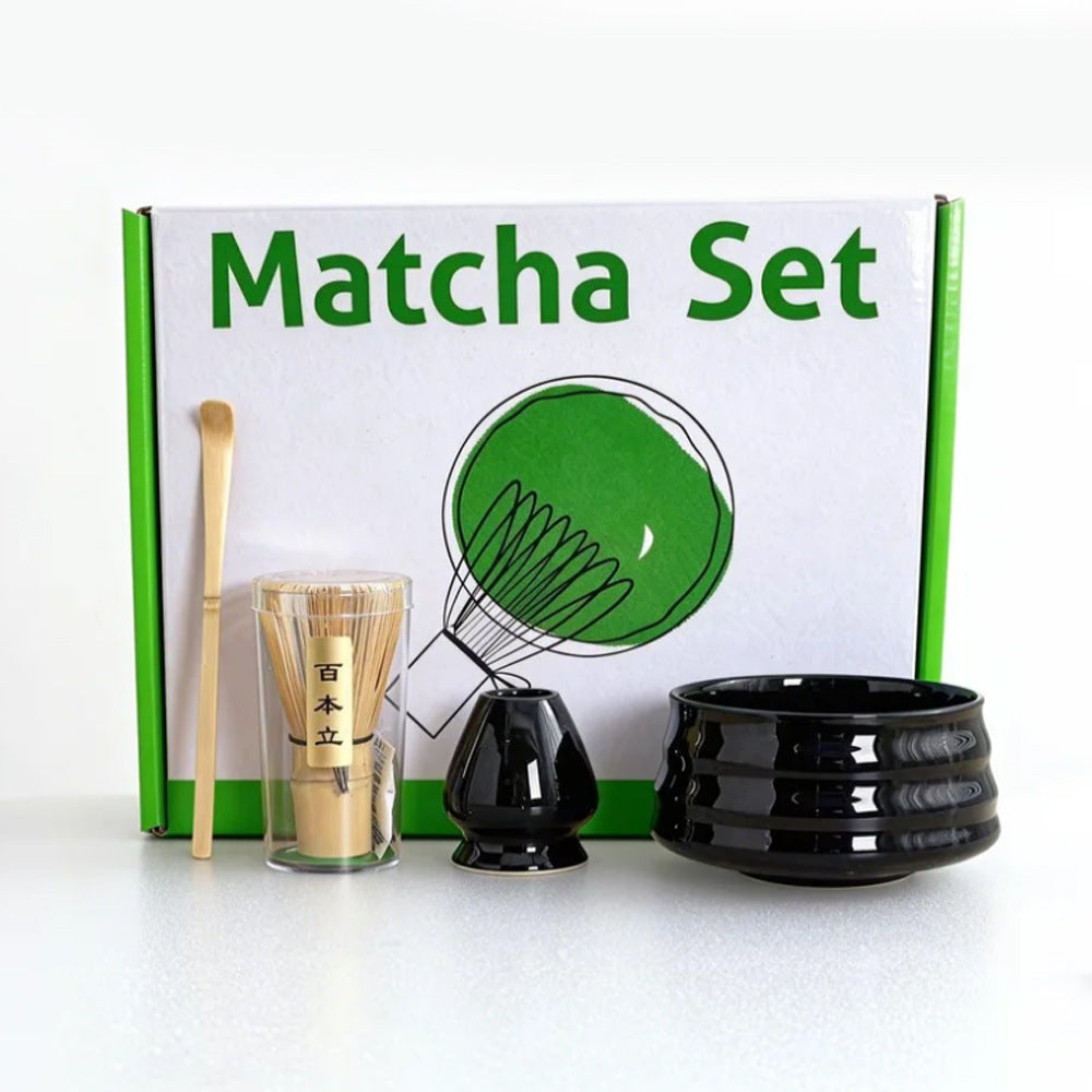 Black Ceremony 4-Piece Matcha Ceramic Tool Set - Gift Box with Whisk (Chasen), Whisk Holder (Chasen Kuse-Naoshi), Bowl, and Scoop