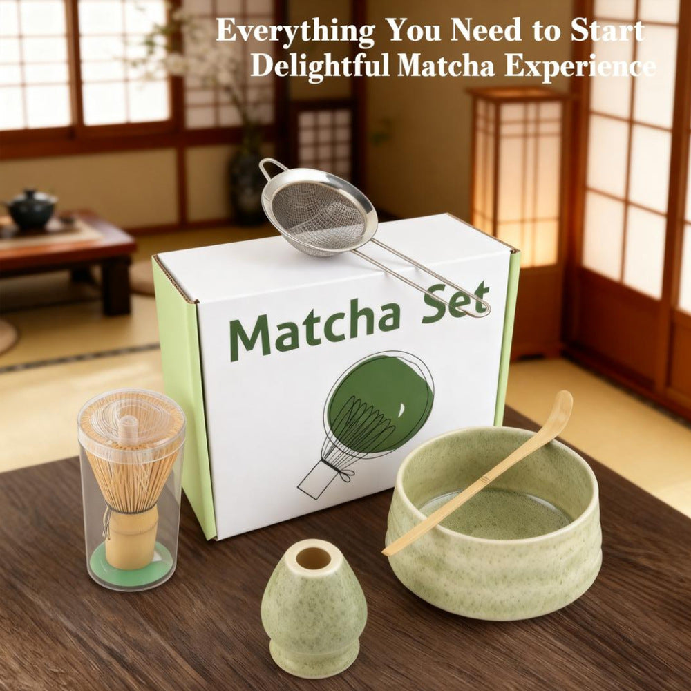 White Ceremony 4-Piece Matcha Ceramic Tool Set - Gift Box with Whisk (Chasen), Whisk Holder (Chasen Kuse-Naoshi), Bowl, and Scoop