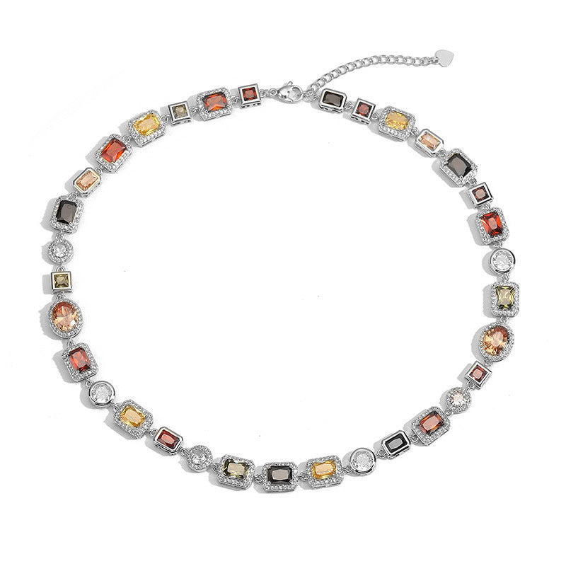 White-Gold Vintage Light Luxury Geometric Colorful Gemstone Choker Necklace (L: 45-50CM) - High-End Palace Style