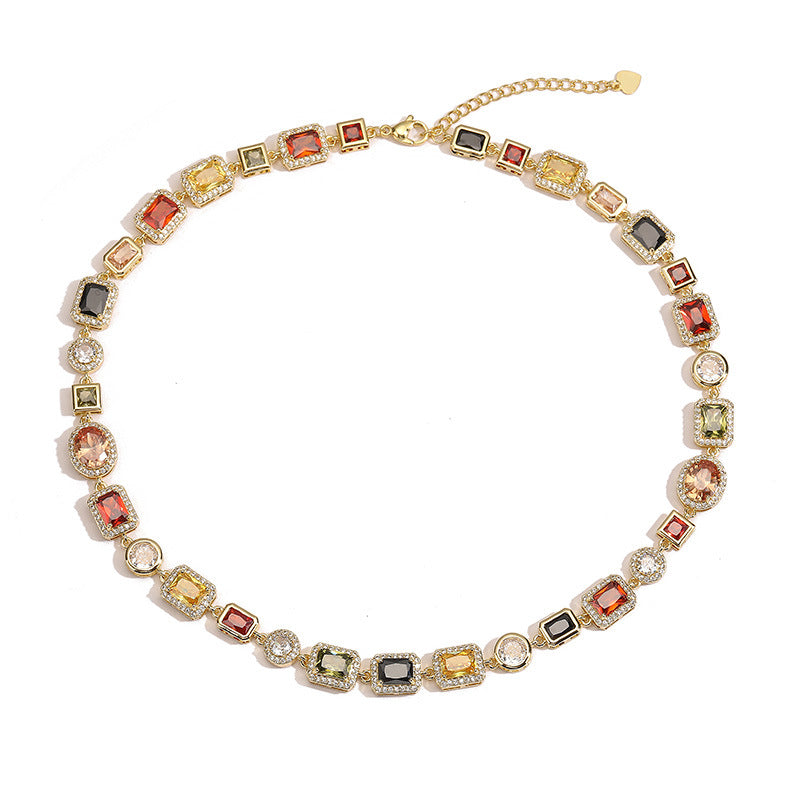 Gold Vintage Light Luxury Geometric Colorful Gemstone Choker Necklace (L: 45-50CM) - High-End Palace Style