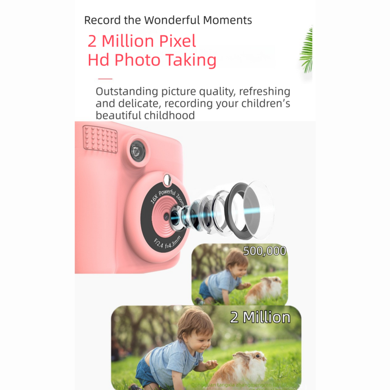 Pink ABS-681 Portable Kids Mini Digital Polaroid with 32GB Card, 3 Rolls Printing Paper & 6 Color Pens - Instant Print Thermal Photo Printer for DIY Fun