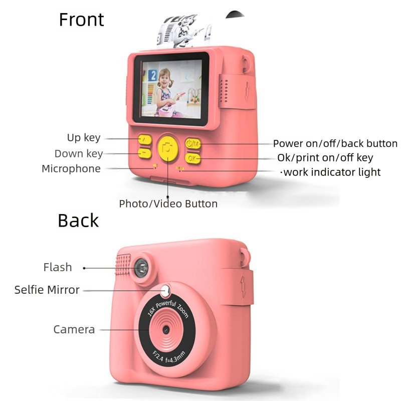 Pink ABS-681 Portable Kids Mini Digital Polaroid with 32GB Card, 3 Rolls Printing Paper & 6 Color Pens - Instant Print Thermal Photo Printer for DIY Fun