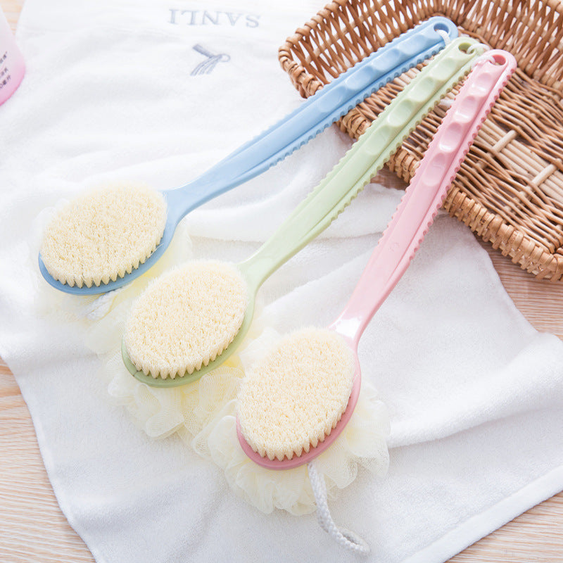 2-Pack Blue 2-in-1 Soft Bristle Long Handle Bath Brush & Shower Pouf Combo - Double-Sided Back Scrubber for Adults & Kids