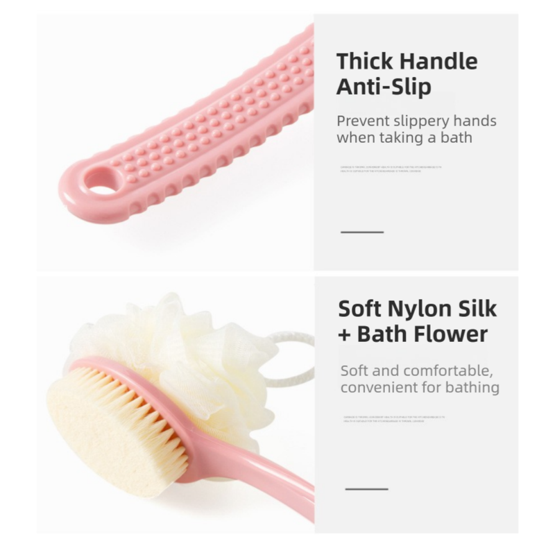 2-Pack Green 2-in-1 Soft Bristle Long Handle Bath Brush & Shower Pouf Combo - Double-Sided Back Scrubber for Adults & Kids