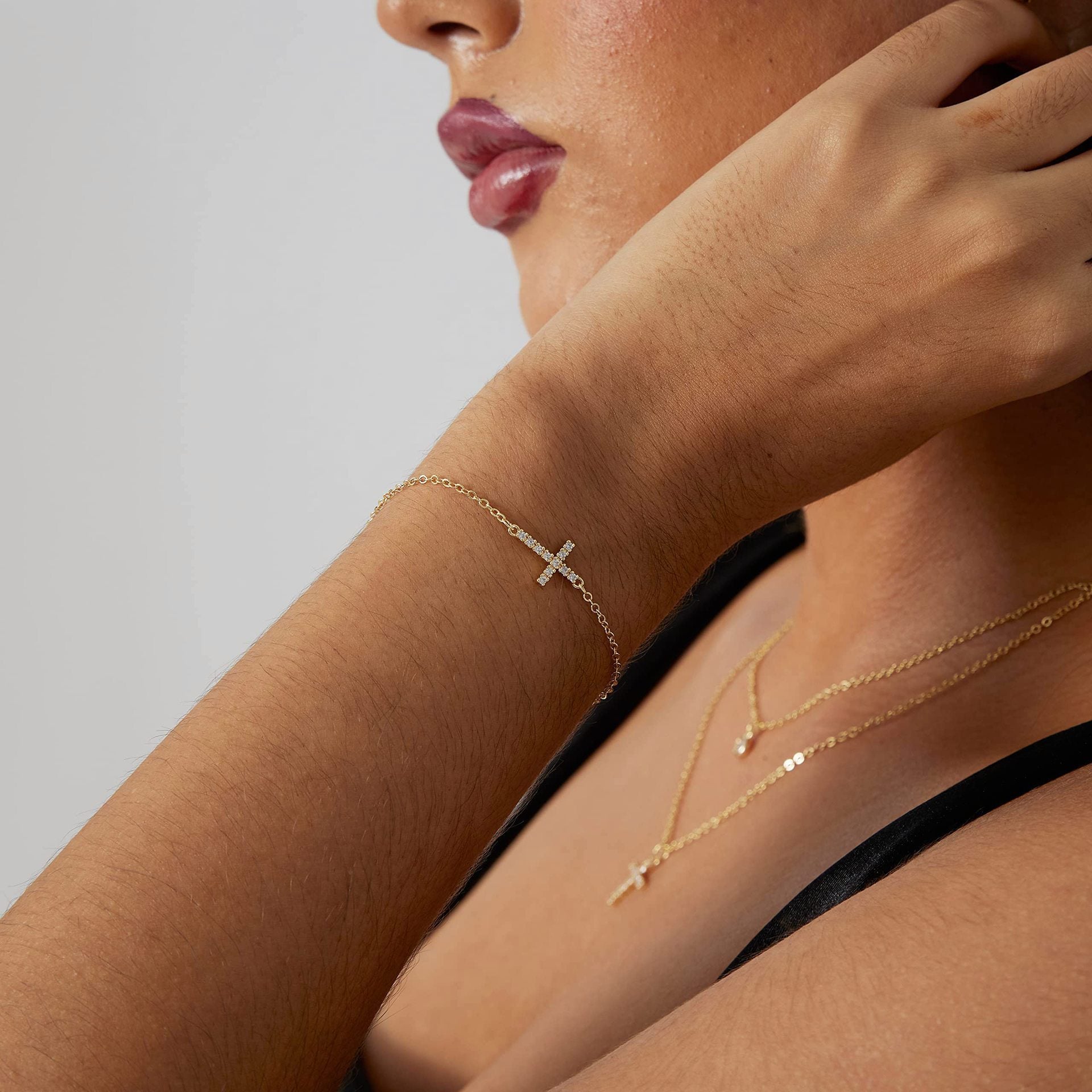 2-Pack Sliver Plated Micro-Paved CZ Mini Cross Bracelet - Dainty Adjustable O-Chain Wrist Jewelry(16-21CM)