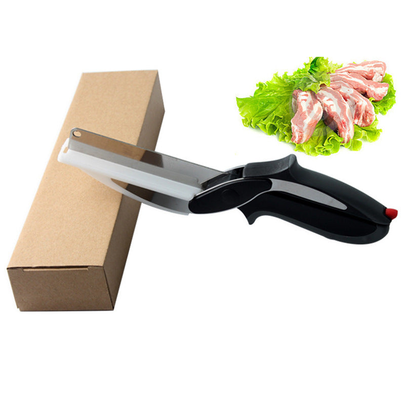 2-in-1 Ingenious Cutter Food Chopper & Scissor for Kitchen Versatile Use - 420 Stainless Steel Blade & Cutting Board Base, with Safety Lock