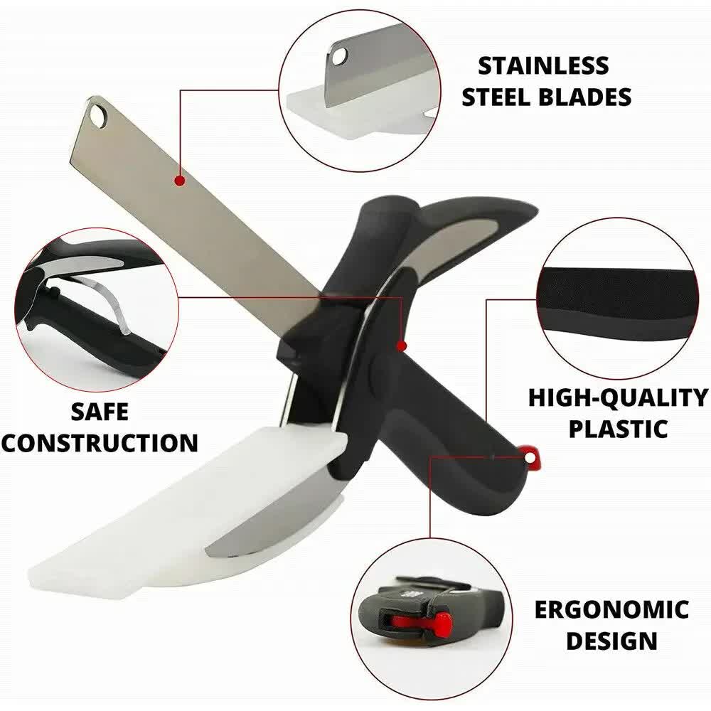 2-in-1 Ingenious Cutter Food Chopper & Scissor for Kitchen Versatile Use - 420 Stainless Steel Blade & Cutting Board Base, with Safety Lock