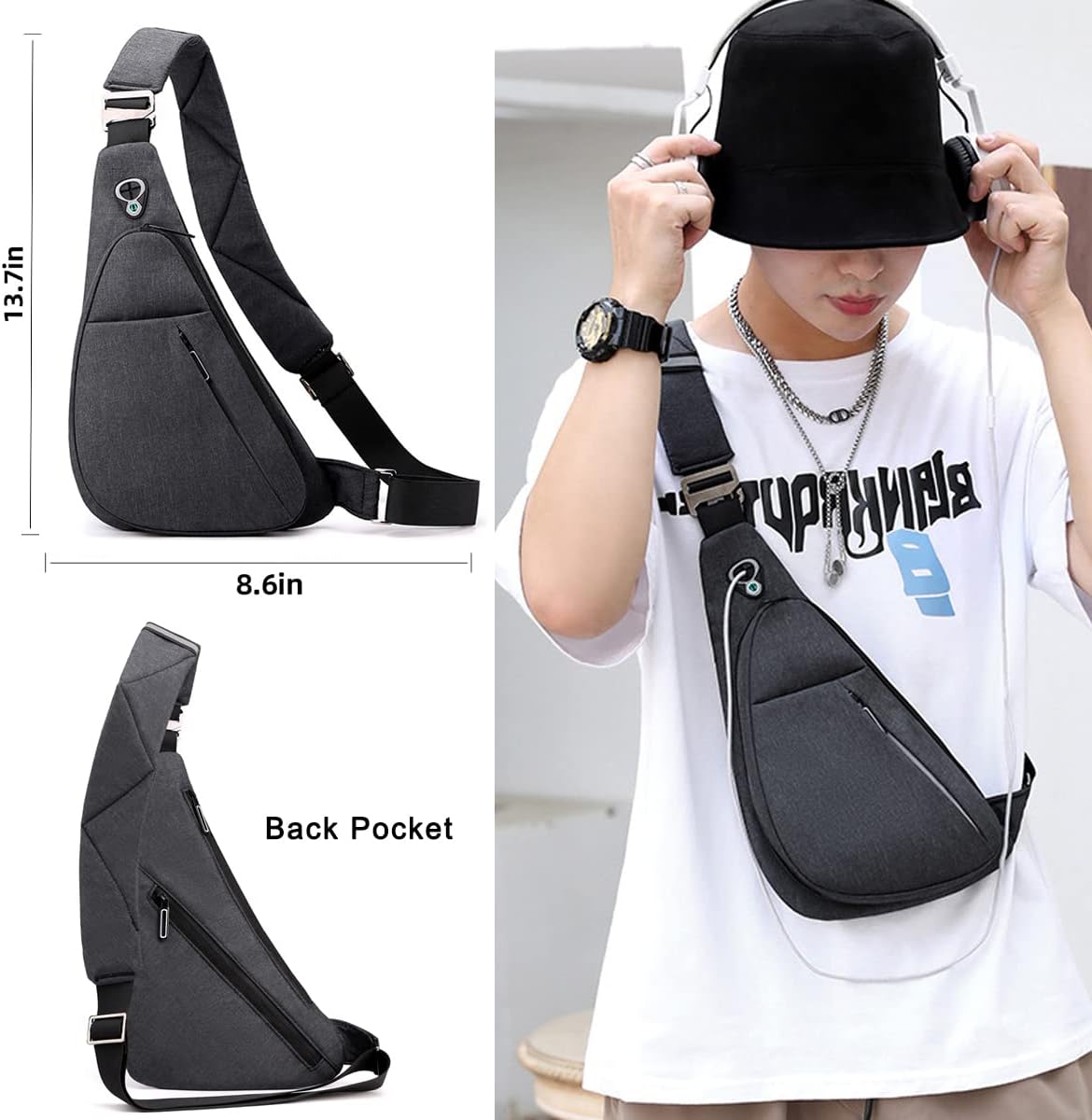 Blue left shoulder New Men's Reflective Crossbody Sling Bag - Casual Commuter Shoulder Chest Pack for Daily Essentials