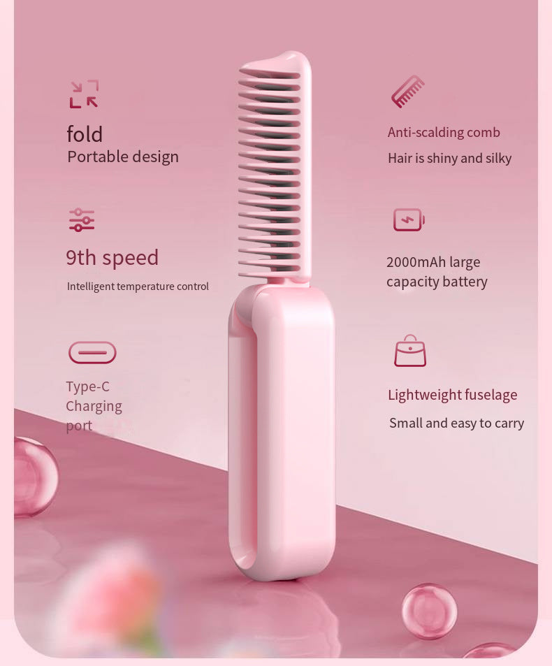 Pink Portable Foldable Cordless Hair Straightener Comb - 2-in-1 Ionic Styling for Smooth, Frizz-Free Hair