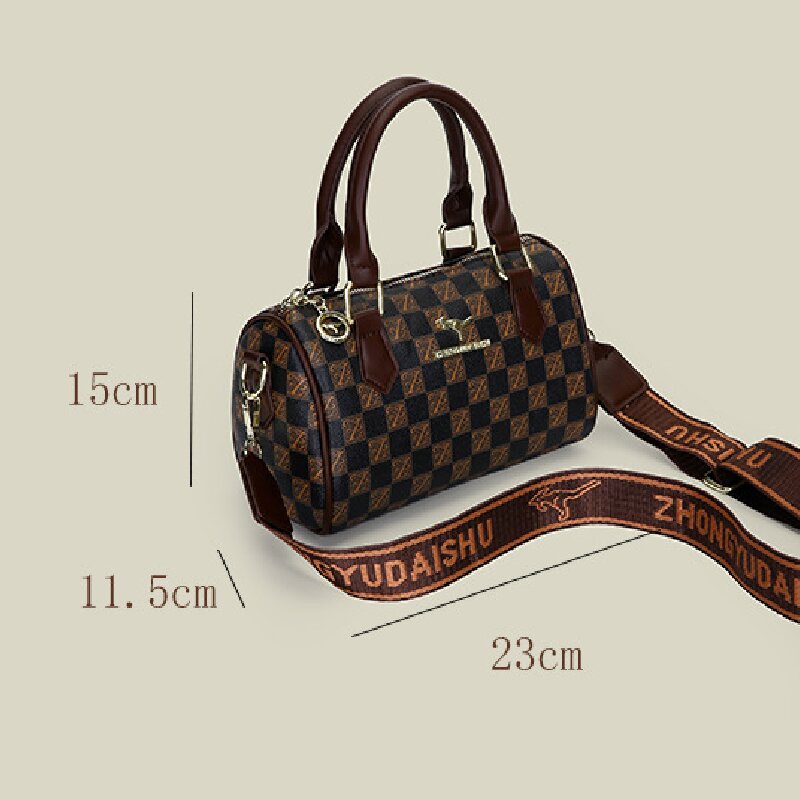 White checkered pattern Stylish PU Leather Boston Bag - Elegant Retro Single Shoulder Crossbody Handbag for Women