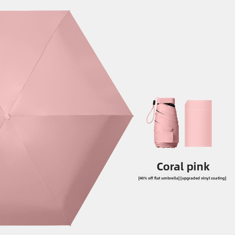 Coral pink Compact Mini Travel Umbrella UPF50+ UV Protection Waterproof 6-Fold Flat Design Lightweight Sun & Rain Parasol for Handbag