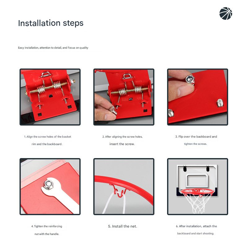 Indoor mini basketball hoop with one 14cm ball Folds flat for door mounting Spring-loaded action with detachable basket Transparent backboard Fun for children and adults in home offices
