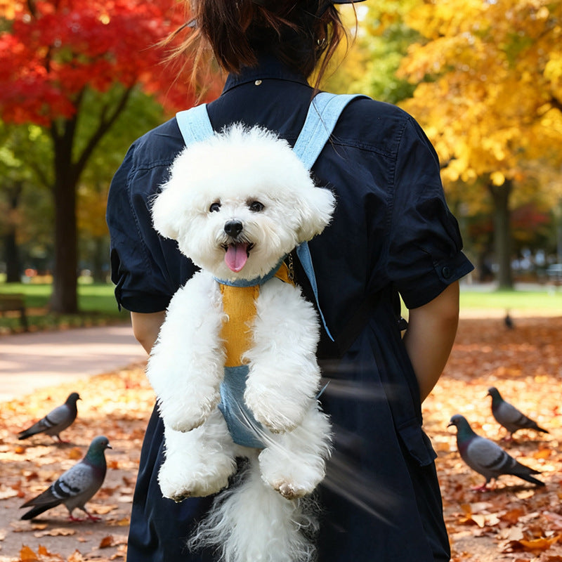 Yellow and white two-tone style Pet Carrier Backpack Front Chest Pack Legs Out Breathable Mesh for Small Dogs Cats Hiking Travel Hands Free Adjustable Design(Size:M)