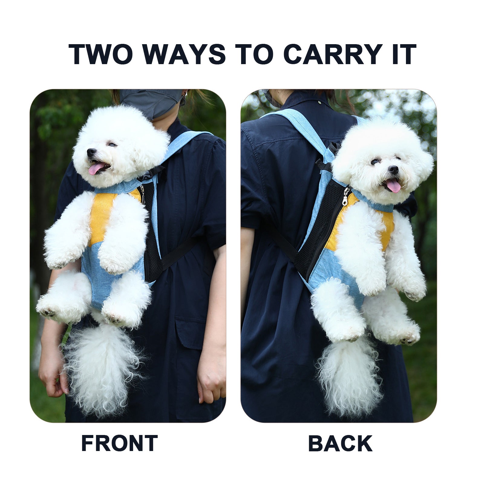 Yellow denim blue Pet Carrier Backpack Front Chest Pack Legs Out Breathable Mesh for Small Dogs Cats Hiking Travel Hands Free Adjustable Design(Size:M)
