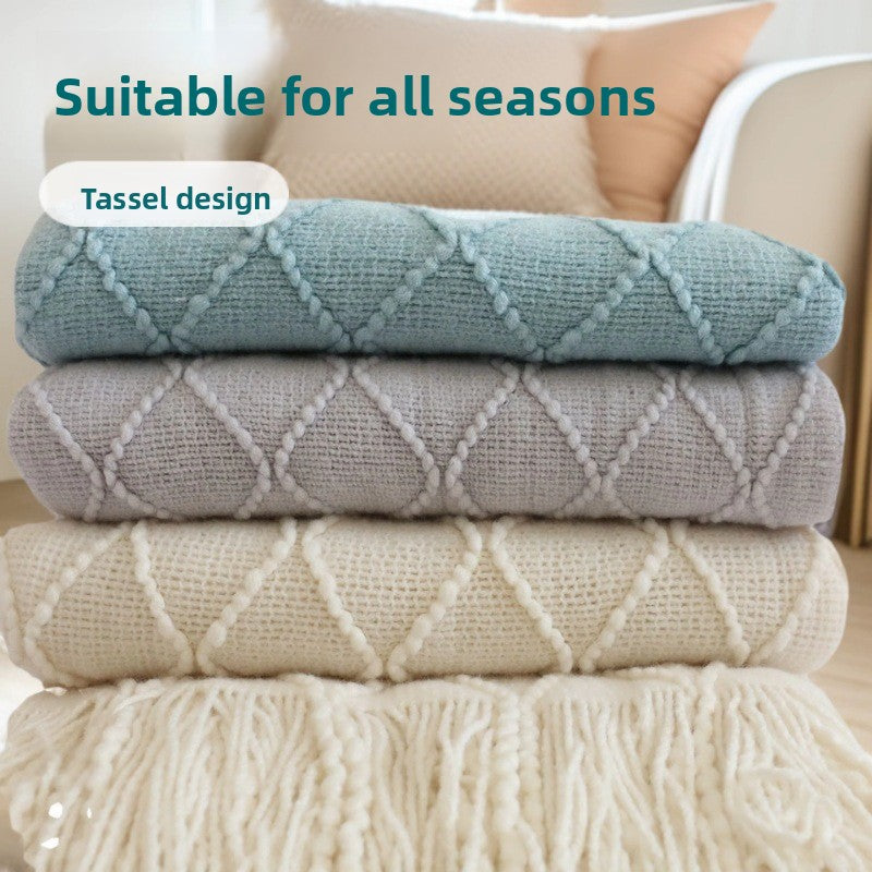 Lake blue Nordic Knitted Throw Blanket with Tassels 130x230cm Soft Acrylic Diamond Pattern Sofa Cover Bed Runner and Travel Blanket