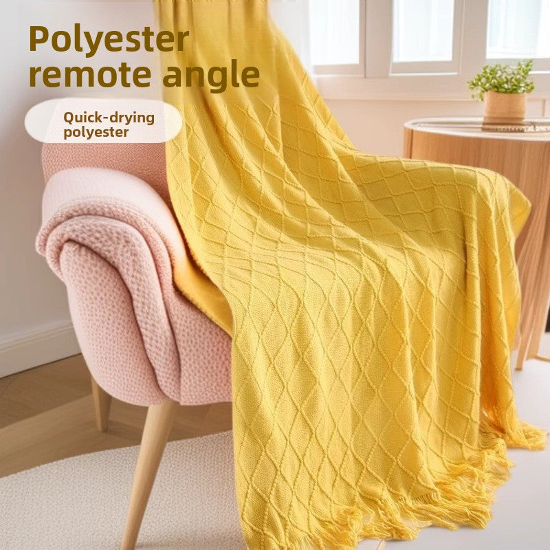 Lake blue Nordic Knitted Throw Blanket with Tassels 130x230cm Soft Acrylic Diamond Pattern Sofa Cover Bed Runner and Travel Blanket