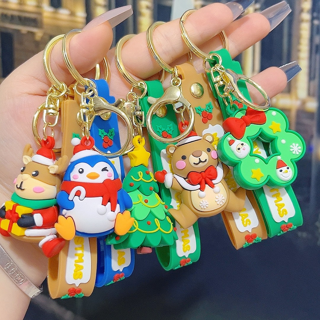 5 PCS Christmas Silicone Keychain Cute 3D Reindeer Penguin Tree Designs Bag Charm Keyring