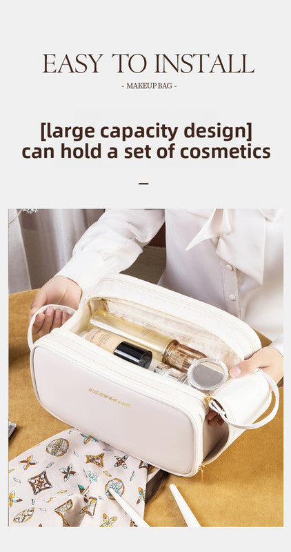 Black Large Capacity PU Leather Makeup Bag Dual Zipper Cosmetic Case Waterproof Travel Toiletry Organiser with Brush Compartment