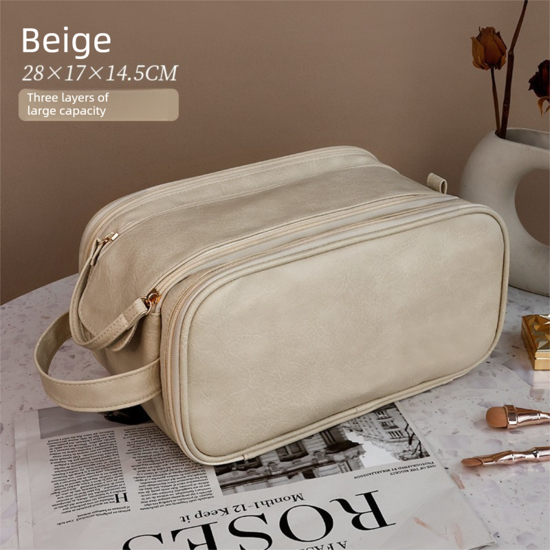 Luxury Cream Beige Large Capacity Makeup Bag β 3-Layer Double Zipper Travel Toiletry Organizer with Waterproof TPU Brush Holders