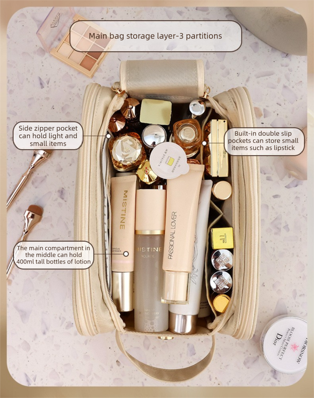 Luxury Cream Beige Large Capacity Makeup Bag β 3-Layer Double Zipper Travel Toiletry Organizer with Waterproof TPU Brush Holders