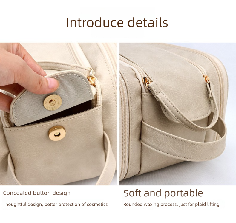 Luxury Cream Beige Large Capacity Makeup Bag – 3-Layer Double Zipper Travel Toiletry Organizer with Waterproof TPU Brush Holders