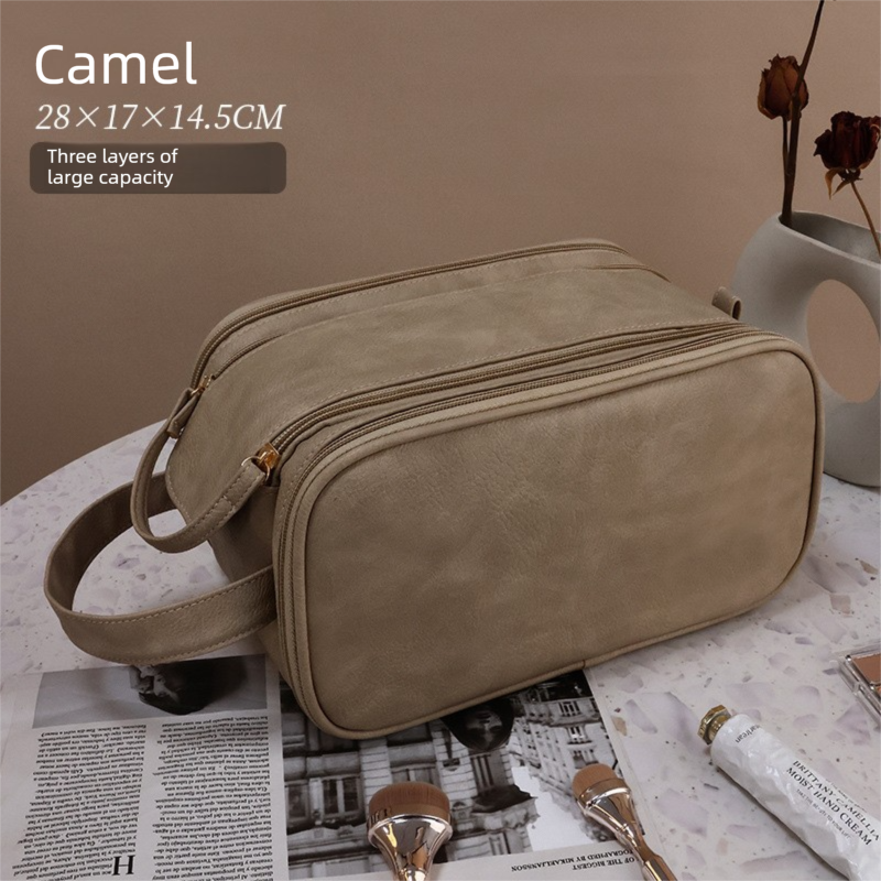 Luxury Camel Colour Large Capacity Makeup Bag β 3-Layer Double Zipper Travel Toiletry Organizer with Waterproof TPU Brush Holders